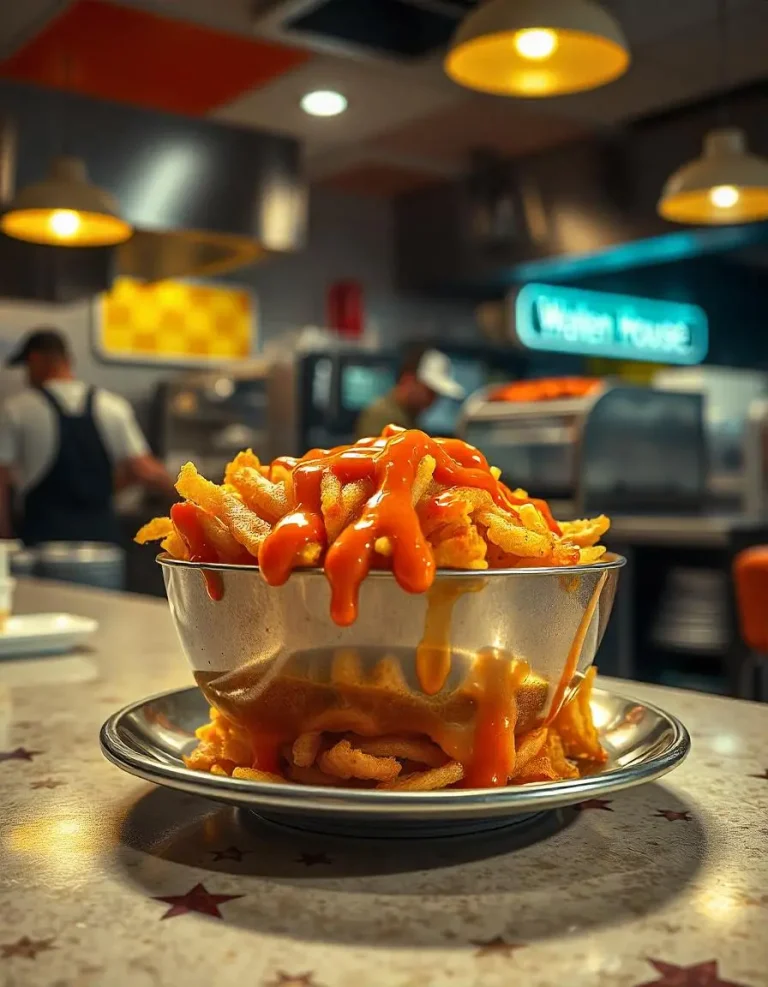 A bowl of crispy Waffle House fries topped with melted cheese and ketchup, served fresh inside a classic diner kitchen at waffle house in Texas