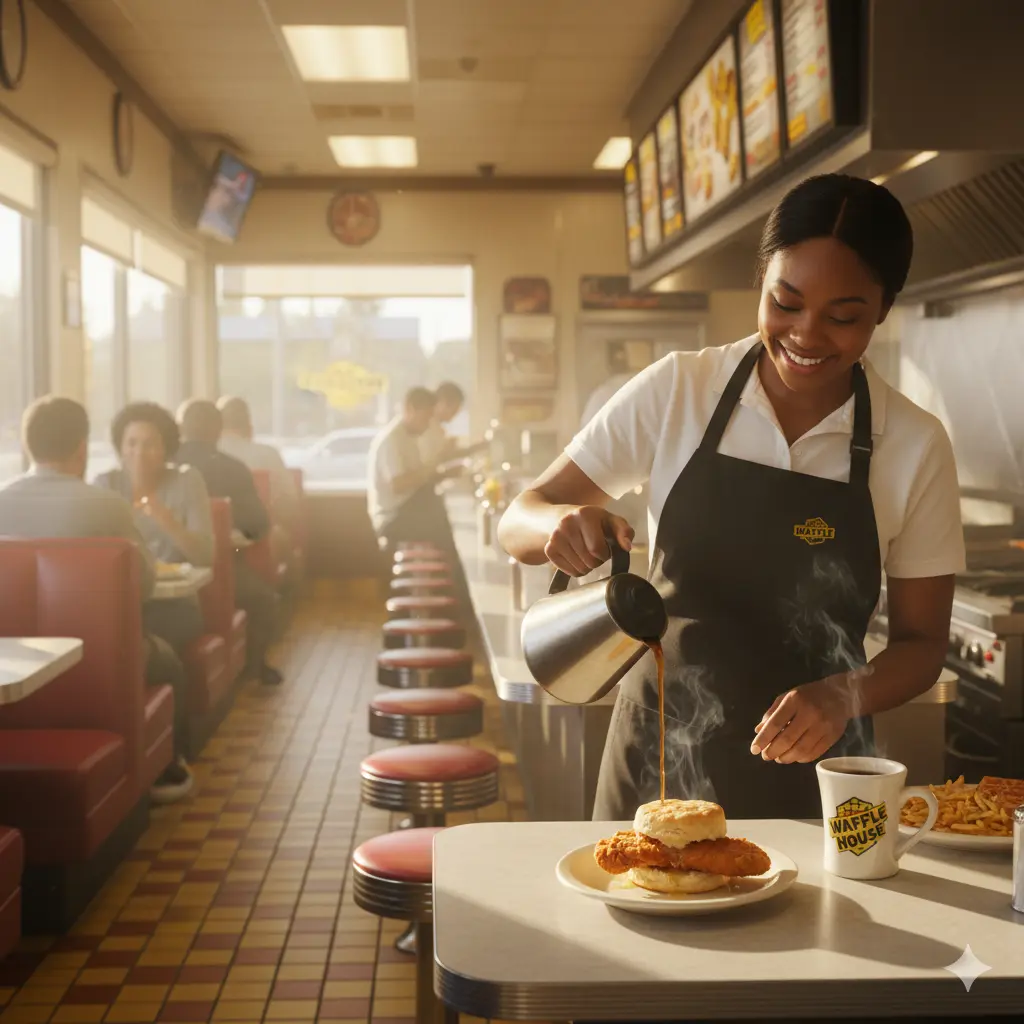 Waffle House Chicken Biscuit. Taste, Price, Calories, and Real tips 2 A smiling Waffle House server pours fresh coffee beside a steaming Waffle House Chicken Biscuit on the counter inside a bright diner, with customers enjoying breakfast in red booths.