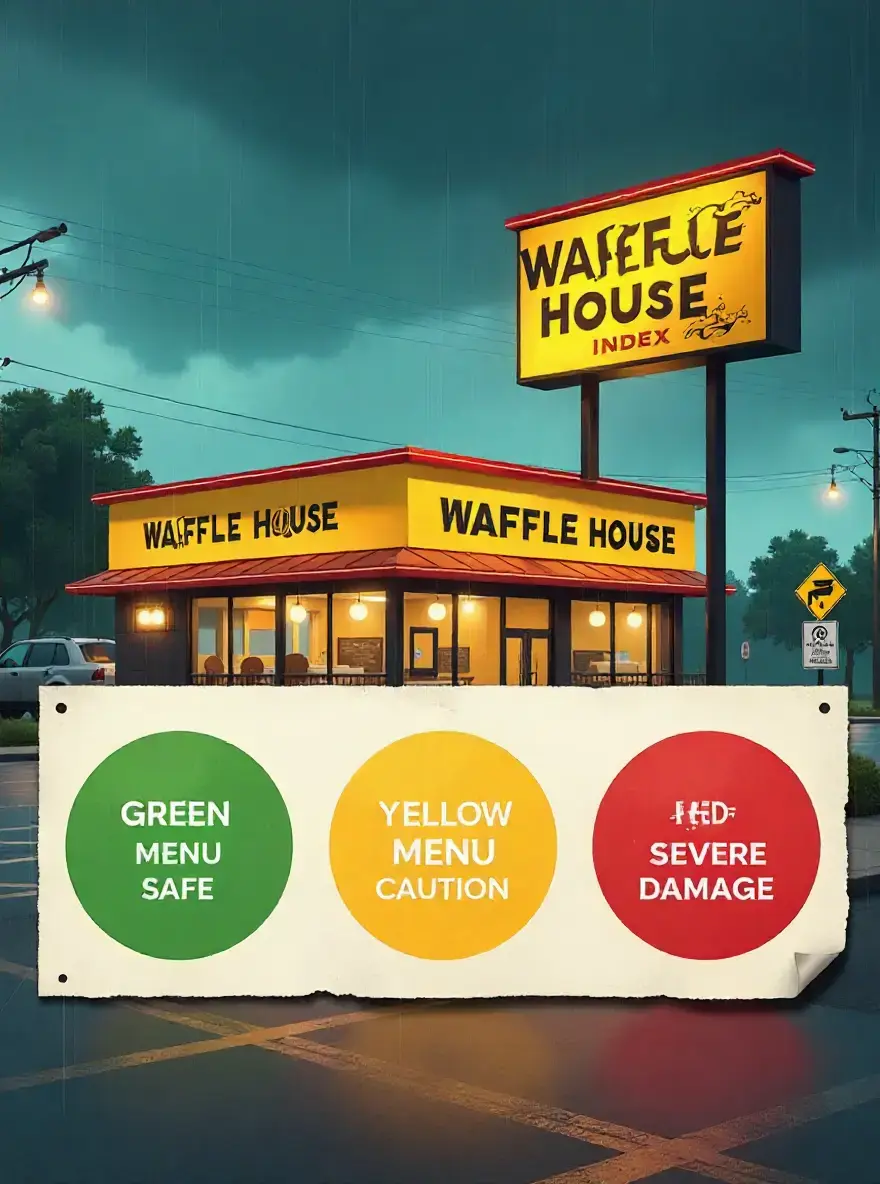 Infographic explaining Waffle House Index colors with green for full menu, yellow for limited menu, and red for closed locations during storms.