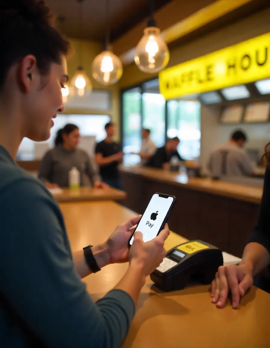 Does Waffle House Take Apple Pay in 2025? A Complete Guide 1 Does Waffle House take Apple Pay? Customer using Apple Pay on iPhone to pay at Waffle House counter in 2025