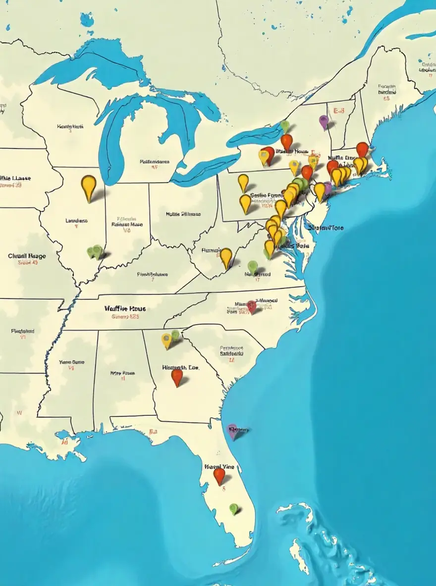 Map of the southeastern United States showing Waffle House Index color pins—green, yellow, and red—indicating community recovery levels after hurricanes.