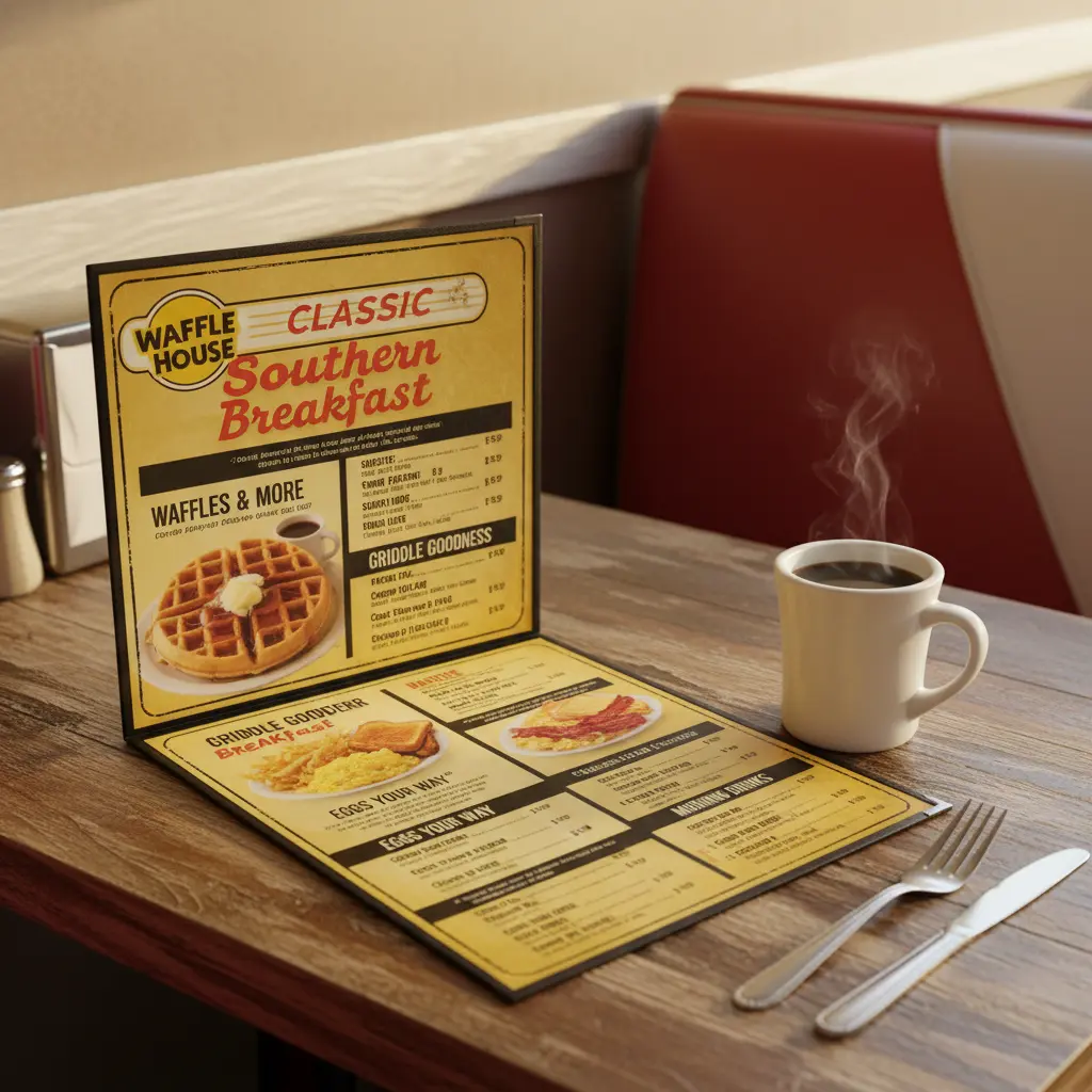 Waffle House Menu 2025 – Prices, Nutrition & Must-Try Dishes 4 Waffle House menu featuring classic Southern breakfast items like waffles, eggs, bacon, and hash browns on a wooden diner table with warm lighting.