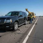 Emergency responders and firefighters assisting at a head-on collision scene near an interstate in Beaumont, Texas. Two vehicles are damaged, an ambulance and fire truck are on-site, and a green highway sign for Lamar University is visible in the background.