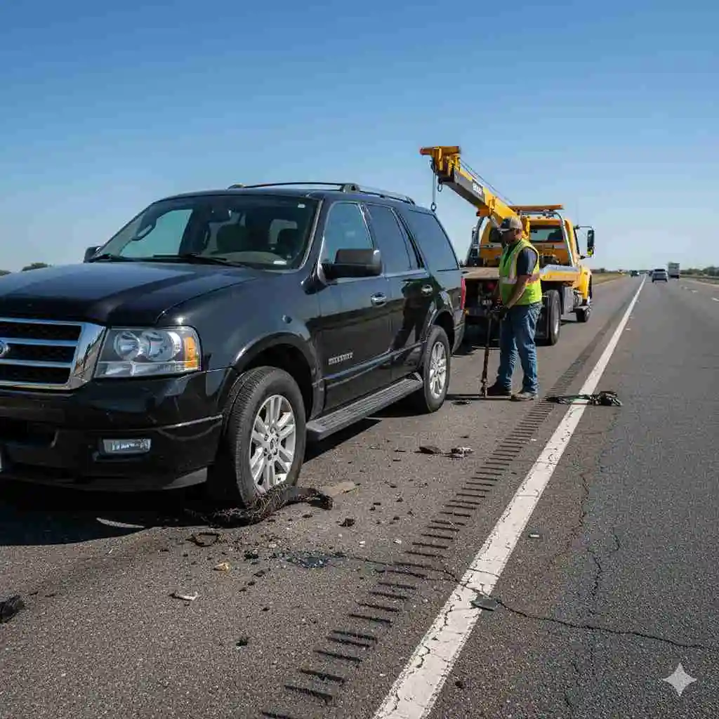 Head-On Crash Reported Near Waffle House on I-10 South in Beaumont, Texas. 2 Emergency responders and firefighters assisting at a head-on collision scene near an interstate in Beaumont, Texas. Two vehicles are damaged, an ambulance and fire truck are on-site, and a green highway sign for Lamar University is visible in the background.