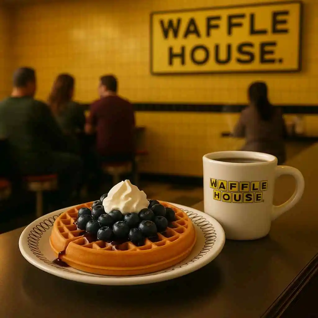 Blue Waffle Waffle House 2025: Price, Calories, and How to Order 1 Blue Waffle Waffle House breakfast showing a golden blueberry waffle with syrup and coffee inside a cozy Waffle House diner with a visible signboard in the background.