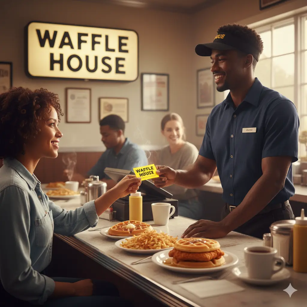 Does Waffle House Have Gift Cards? Buy Waffle House Gift Cards (2025) 2 Cashier handing a Waffle House gift card to a customer inside a retro-style Southern diner.