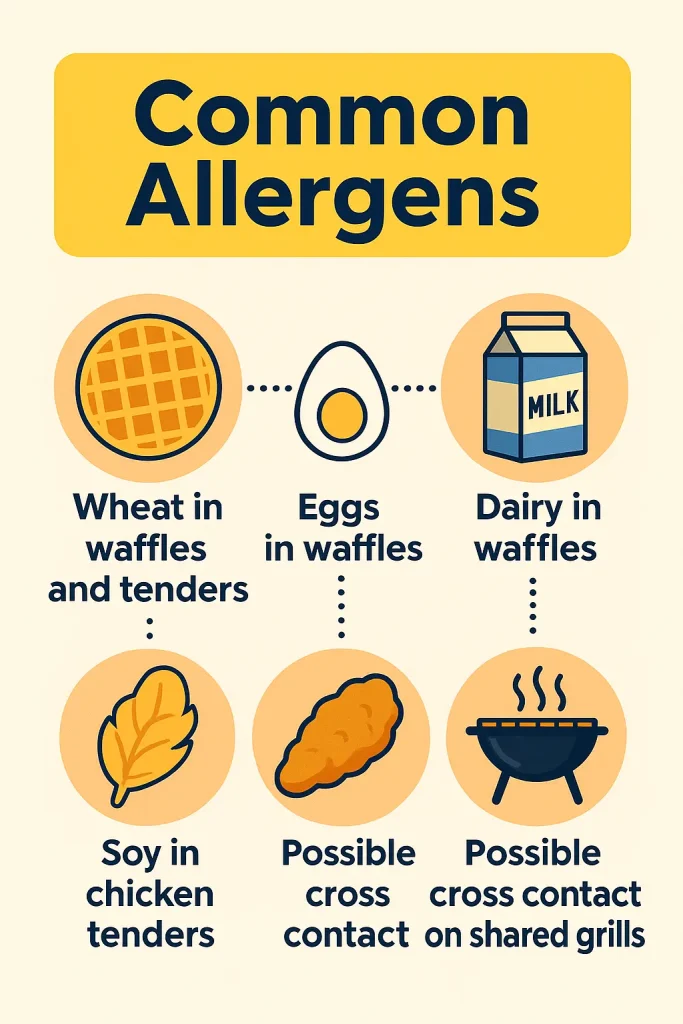 Creative allergen infographic showing wheat, eggs, dairy, soy, and cross-contact risks for Waffle House waffles and chicken tenders.