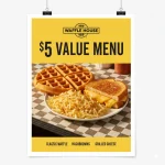 Promotional Waffle House $5 menu poster featuring a classic waffle, crispy hash browns, and grilled cheese on a diner counter with bold yellow and black branding.