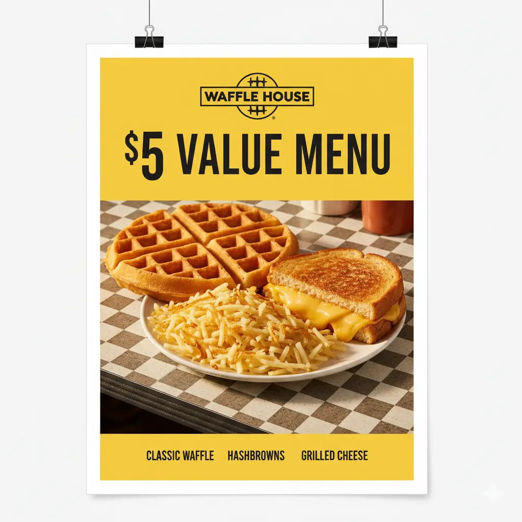 Promotional Waffle House $5 menu poster featuring a classic waffle, crispy hash browns, and grilled cheese on a diner counter with bold yellow and black branding.