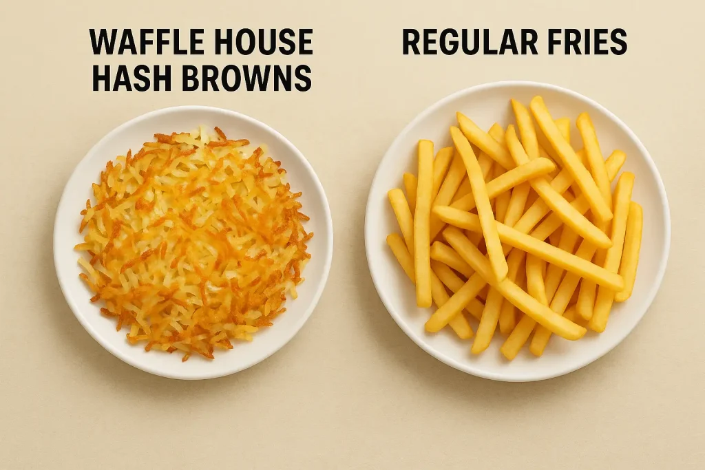 A side by side comparison showing Waffle House hashbrowns on the left and regular fries on the right, separated by a vertical line with the text VS.