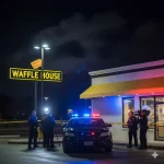 Police cars outside a Waffle House in Oklahoma City after a reported stabbing, showing a crime scene at night with flashing lights.