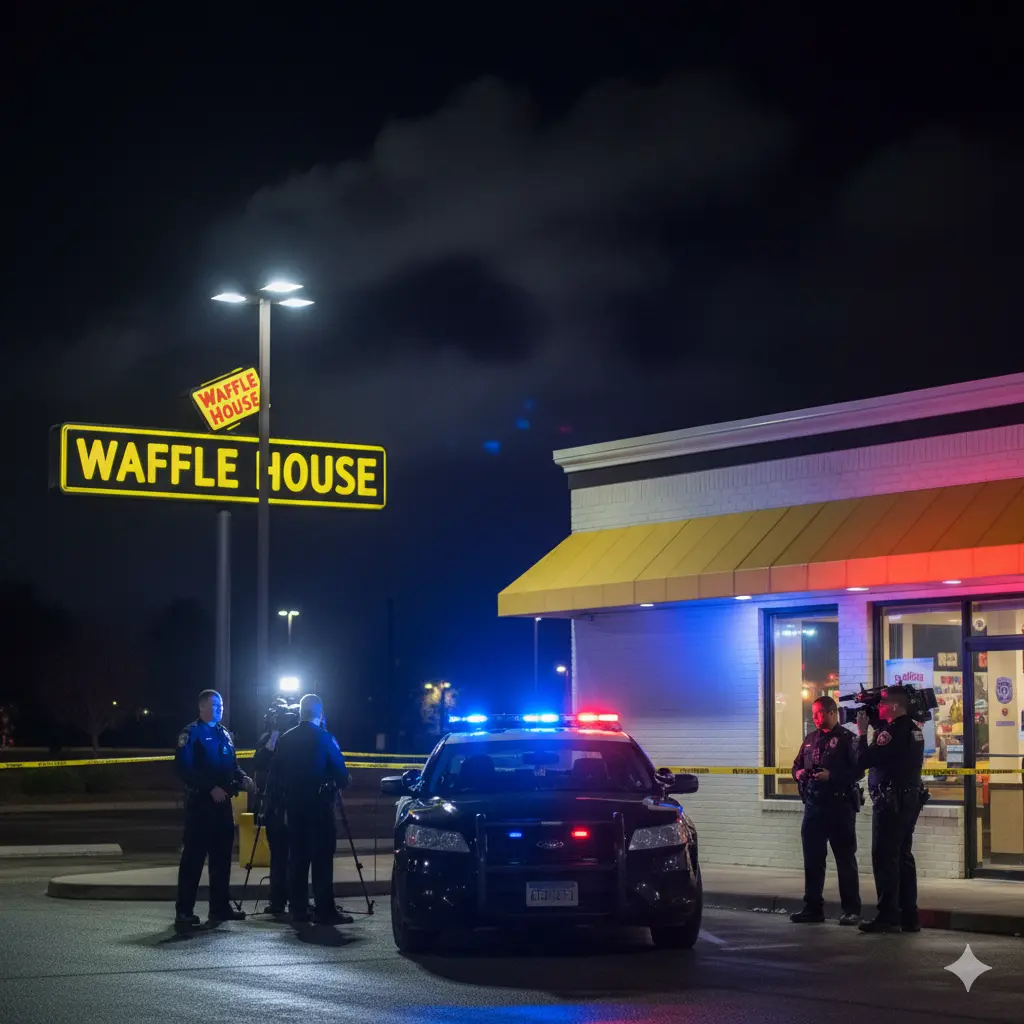 Police cars outside a Waffle House in Oklahoma City after a reported stabbing, showing a crime scene at night with flashing lights.