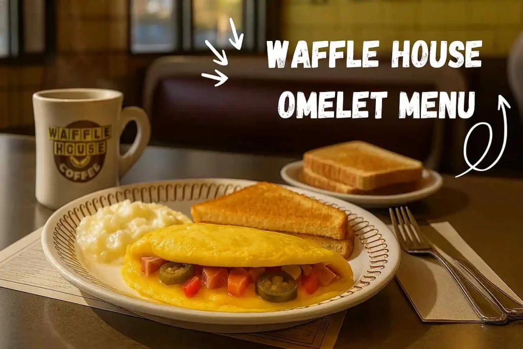 Waffle House omelette menu plate with toast, vegetables, and cheese served on a classic diner plate.”