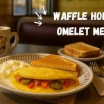 “Waffle House omelette menu plate with toast, vegetables, and cheese served on a classic diner plate.”
