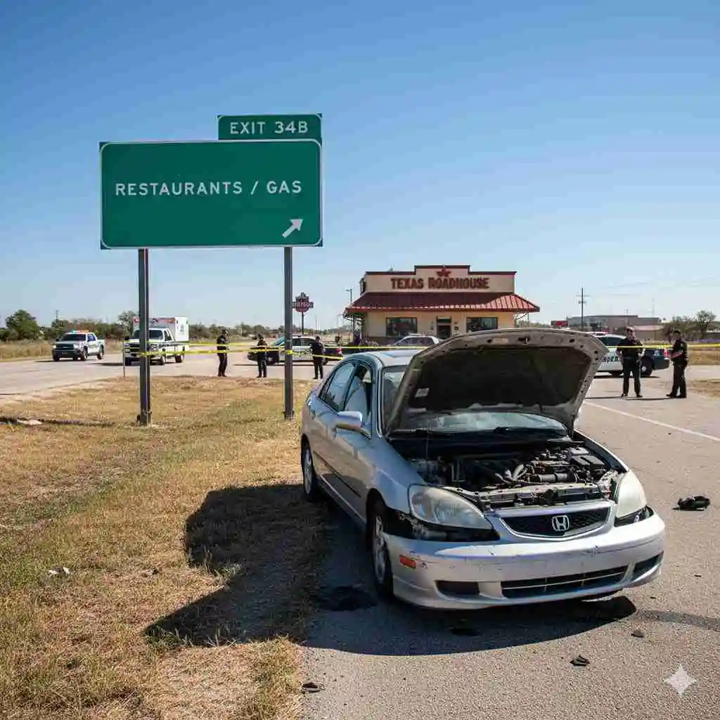 Head-On Crash Reported Near Waffle House on I-10 South in Beaumont, Texas. 1 A silver car with front-end damage stopped near a service road in Beaumont, Texas.