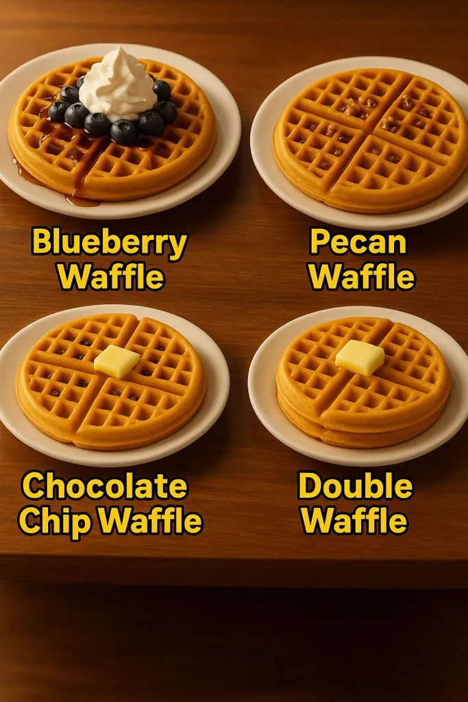 Blue Waffle Waffle House 2025: Price, Calories, and How to Order 2 Four Waffle House waffles on a wooden table under warm morning light: Blueberry Waffle with whipped cream, Chocolate Chip Waffle with melted chocolate, Pecan Waffle with nuts, and Double Waffle stacked with butter.