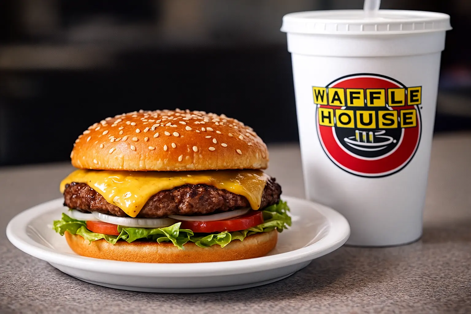 A fresh Waffle House Burger with cheese, served on a plate with a Waffle House drink cup beside it.