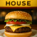 A fresh Waffle House Burger with cheese, lettuce, tomato, onions, and pickles served on a soft sesame bun in front of a Waffle House sign.