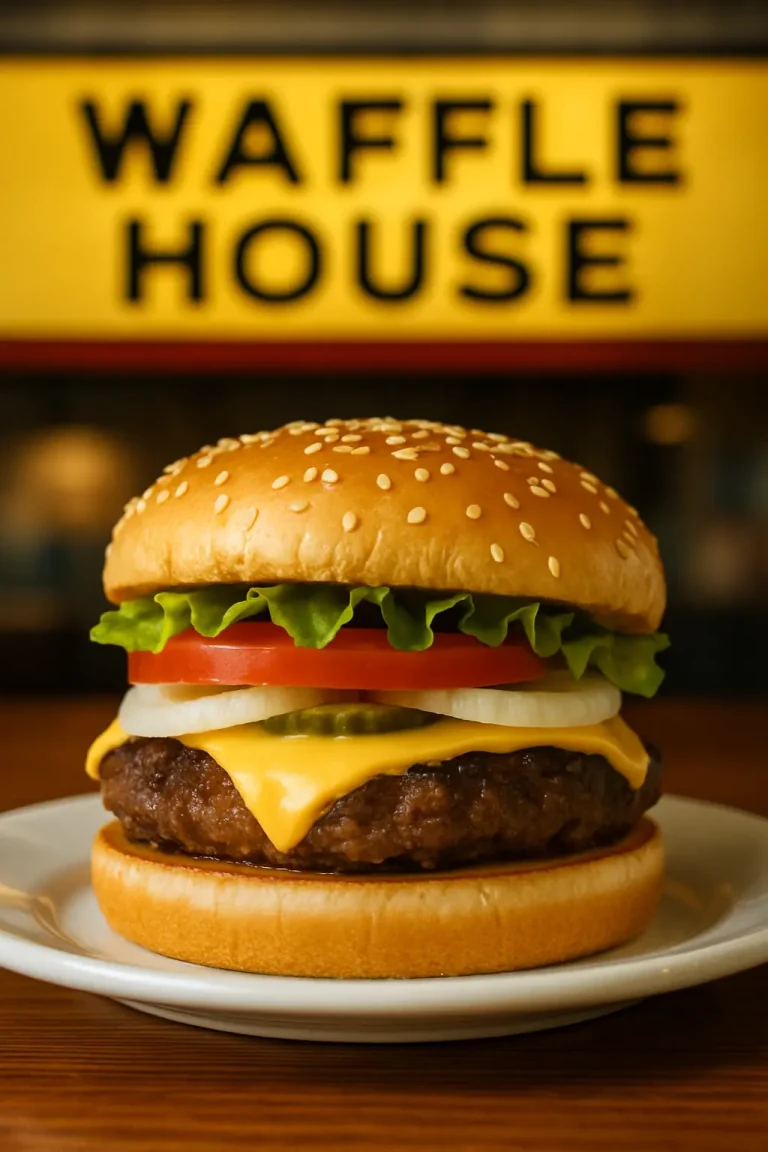 Is the Waffle House Burger Worth It in 2025? Full Price and Menu Guide 9 A fresh Waffle House Burger with cheese, lettuce, tomato, onions, and pickles served on a soft sesame bun in front of a Waffle House sign.