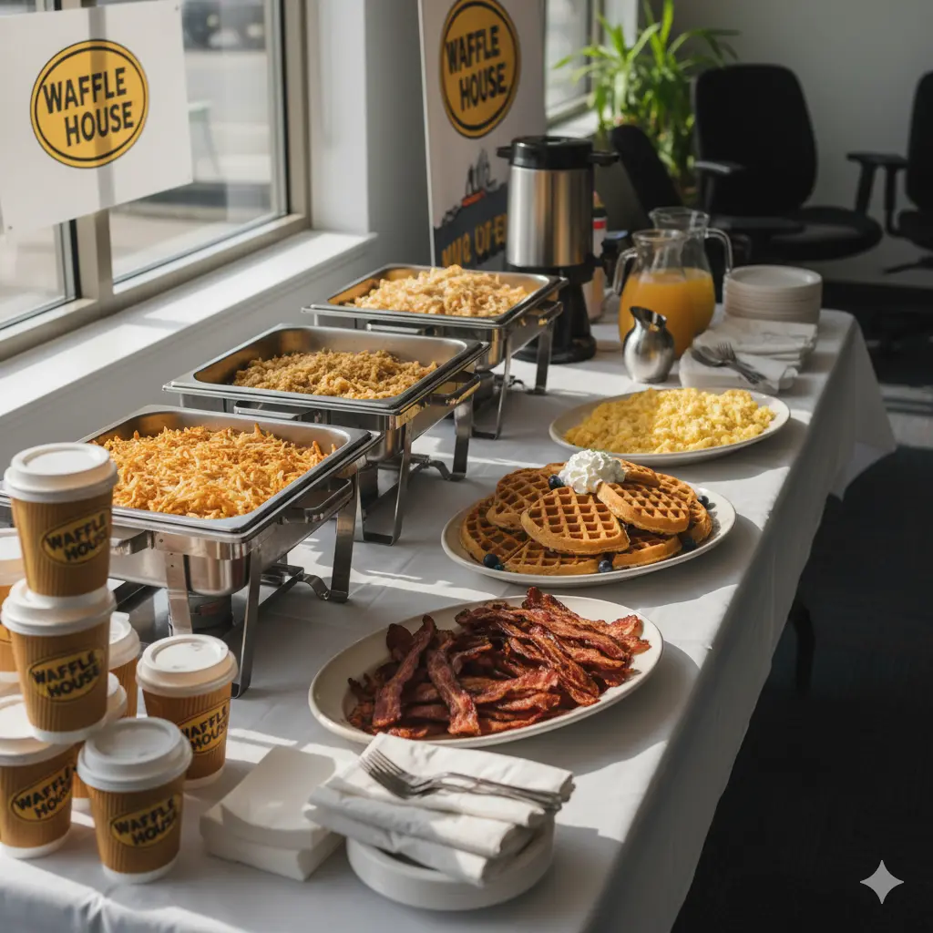 Waffle House catering  menu setup for breakfast with trays of hash browns, waffles, bacon, scrambled eggs, and coffee cups arranged on a table.