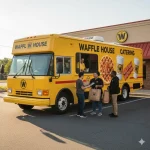 A bright yellow Waffle House catering bus parked outside a restaurant with staff handing food bags to customers.