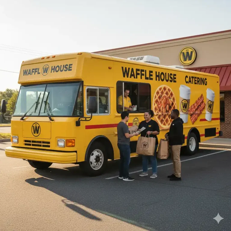 What’s on the Waffle House Catering Menu and How Much Does It Cost? 5 A bright yellow Waffle House catering bus parked outside a restaurant with staff handing food bags to customers.