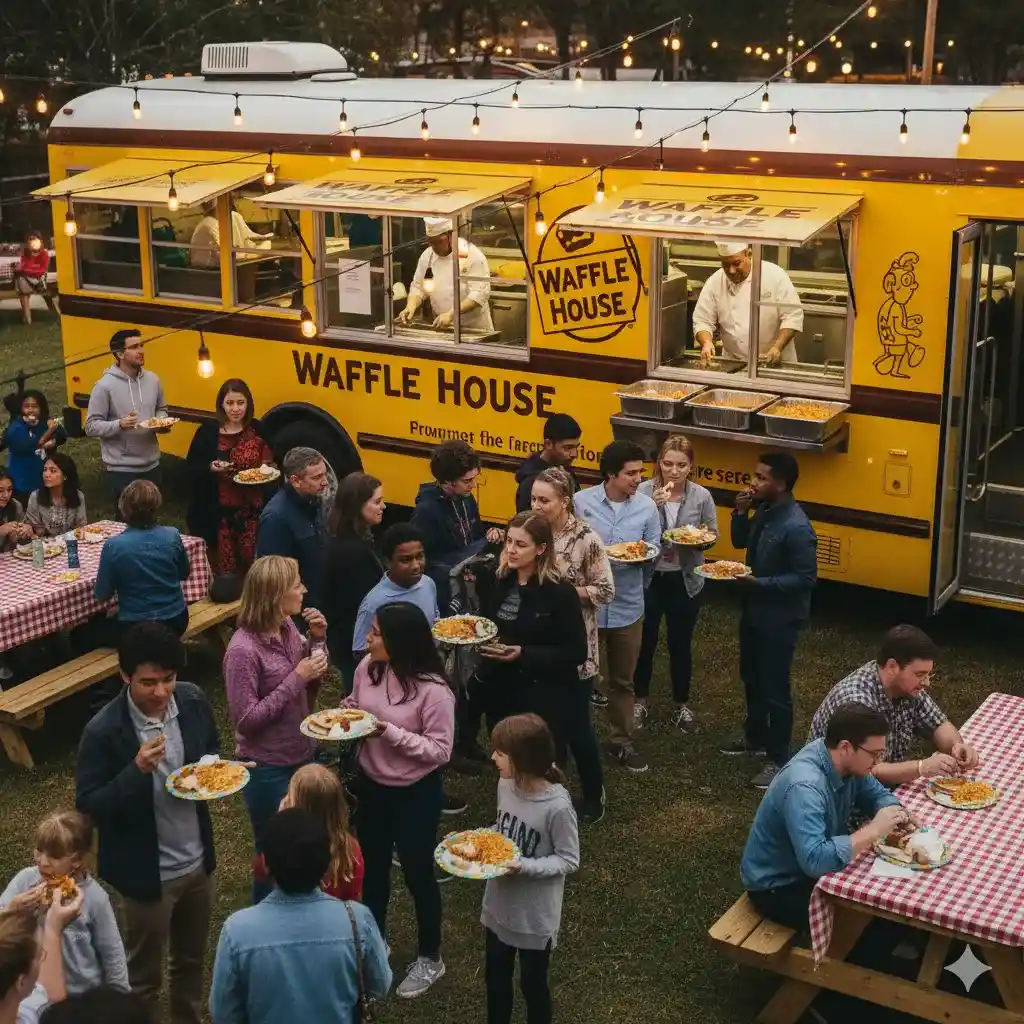 Waffle House catering bus serving guests at an outdoor event with people enjoying plates of waffles and hash browns under string lights.