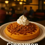 A golden Waffle House Cinnamon Crunch Waffle topped with whipped cream and cinnamon sugar, served on a diner table beside a steaming coffee mug in warm morning light.
