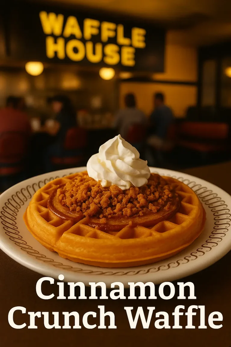 A golden Waffle House Cinnamon Crunch Waffle topped with whipped cream and cinnamon sugar, served on a diner table beside a steaming coffee mug in warm morning light.