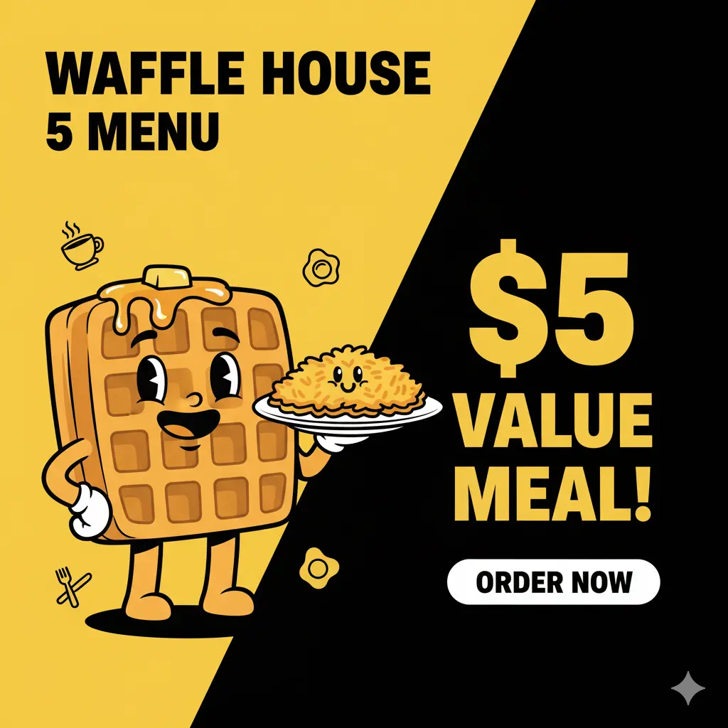 Cartoon waffle character holding hash browns on a Waffle House $5 menu poster with yellow and black branding.