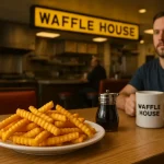 A plate of crinkle cut Waffle House fries on a table inside a Waffle House diner, with customers in the background holding Waffle House branded coffee mugs.