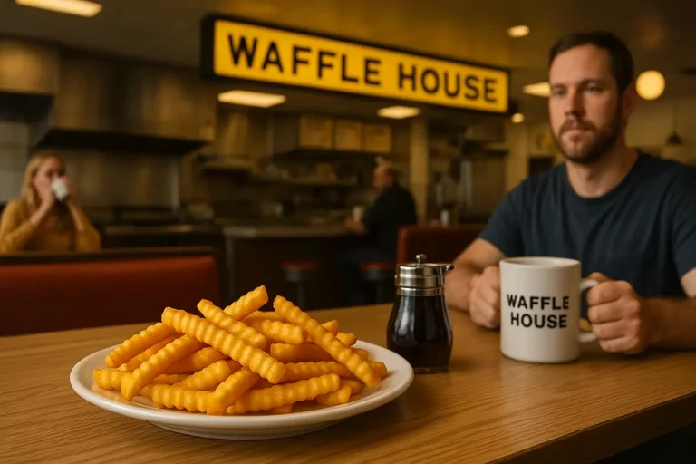 Does Waffle House Have Fries? A Complete Guide to Waffle House Fries 4 A plate of crinkle cut Waffle House fries on a table inside a Waffle House diner, with customers in the background holding Waffle House branded coffee mugs.