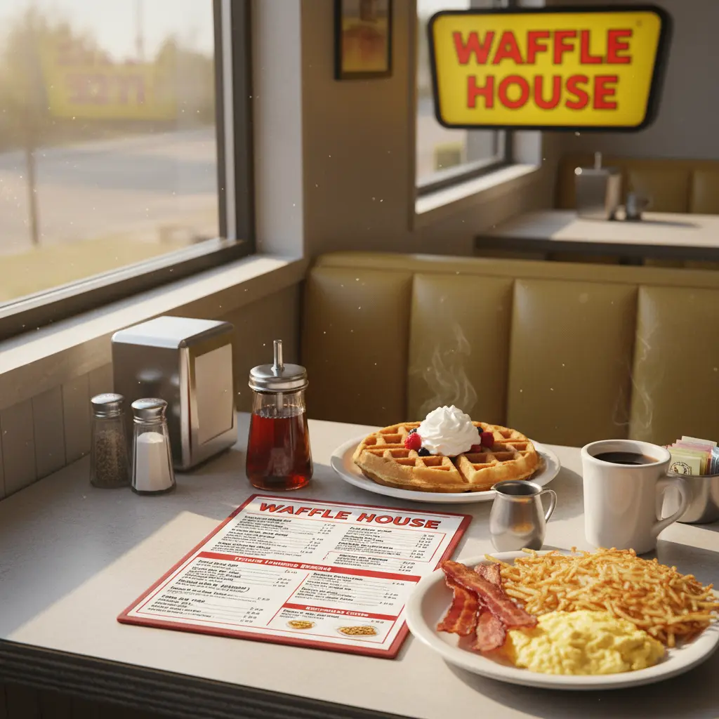 Open Waffle House menu on a diner table with waffles, eggs, bacon, and coffee in a cozy breakfast setting.