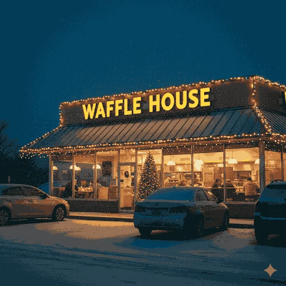 Is Waffle House Open on Christmas? Christmas Updates in 2025 5 I waffle house open on Christmas? - cars parked outside waffle house on Christmas showing its open 24/7.