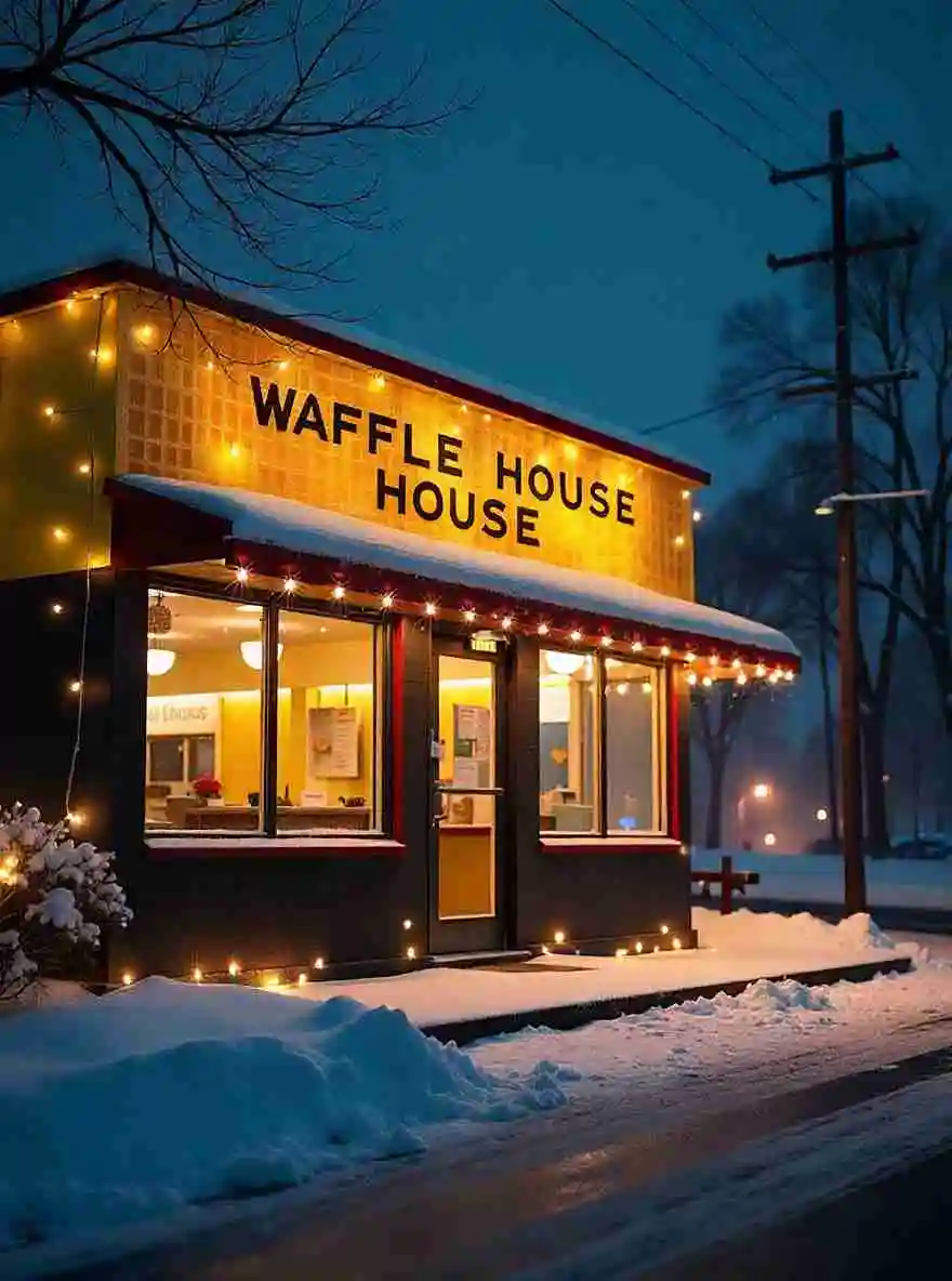 Is Waffle House Open on Christmas? Christmas Updates in 2025 1 Is Waffle House Open on Christmas?- A Waffle House open on Christmas night, glowing with festive yellow lights and surrounded by snow, showing the restaurant welcoming guests on Christmas Day.