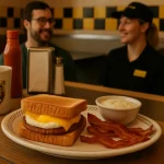 A Waffle House breakfast sandwich made with toasted bread, egg, cheese, and sausage sits on a plate next to crispy bacon and a small bowl of grits. A Waffle House coffee mug and condiments are on the table, while a smiling customer and server talk in the background with the yellow-and-black checkered Waffle House wall behind them.