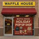 A realistic storefront of the Waffle House Holiday Pop-Up Shop with a yellow Waffle House sign, red awning, and a large window poster showing holiday sweaters, mugs, snow globes, and gifts.