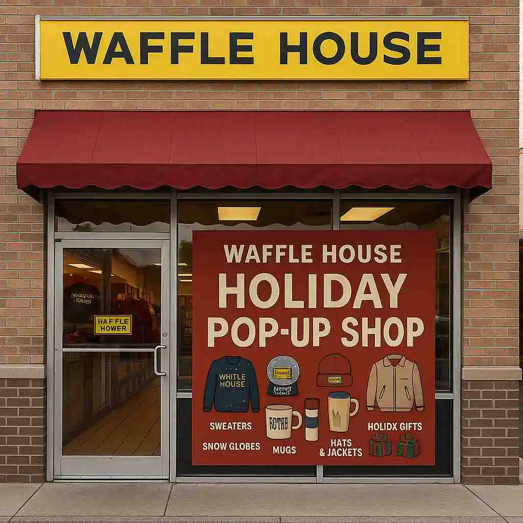 A realistic storefront of the Waffle House Holiday Pop-Up Shop with a yellow Waffle House sign, red awning, and a large window poster showing holiday sweaters, mugs, snow globes, and gifts.