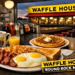 Waffle House Round Rock Menu breakfast plate with bacon, eggs, hashbrowns, toast, coffee, and waffle in front of the diner