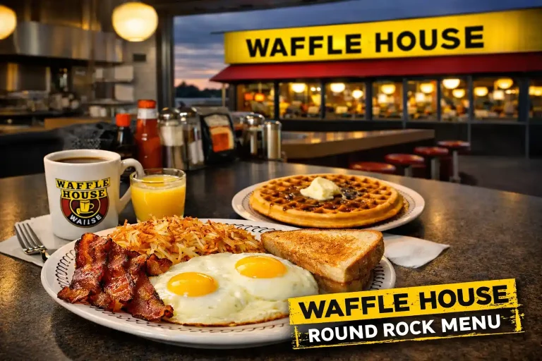 Waffle House Round Rock Menu breakfast plate with bacon, eggs, hashbrowns, toast, coffee, and waffle in front of the diner