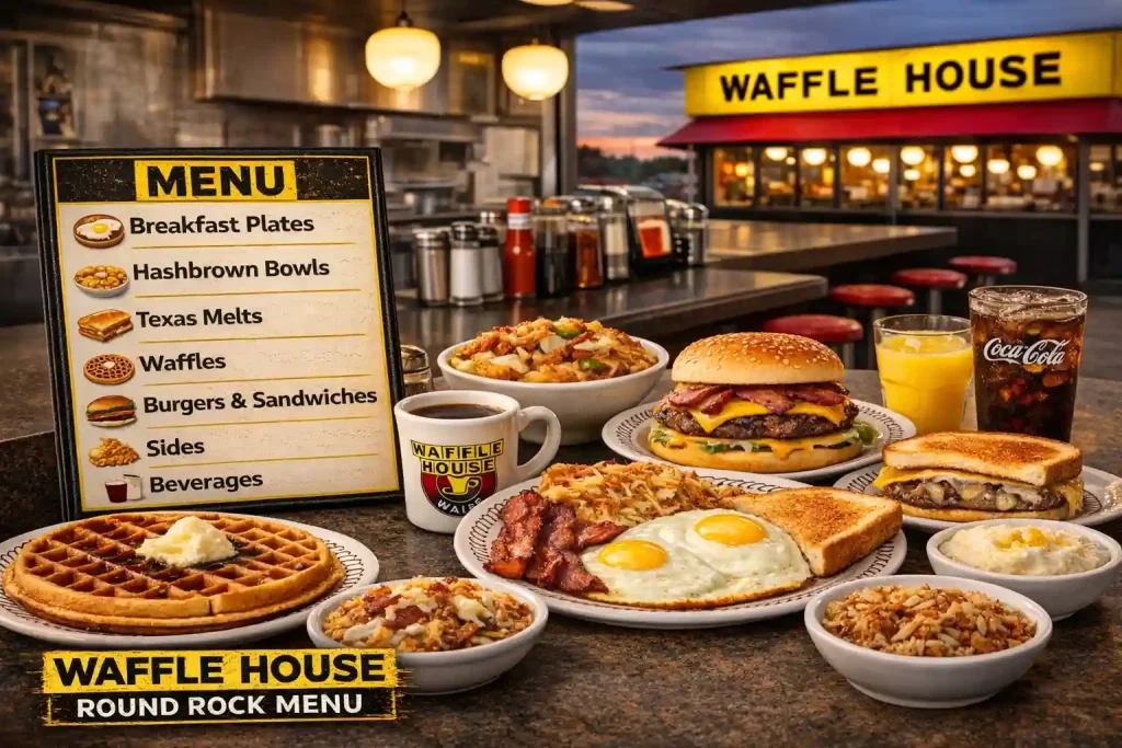 Waffle House Round Rock Menu display with waffles, eggs, hashbrowns, burgers, and diner menu board inside the restaurant