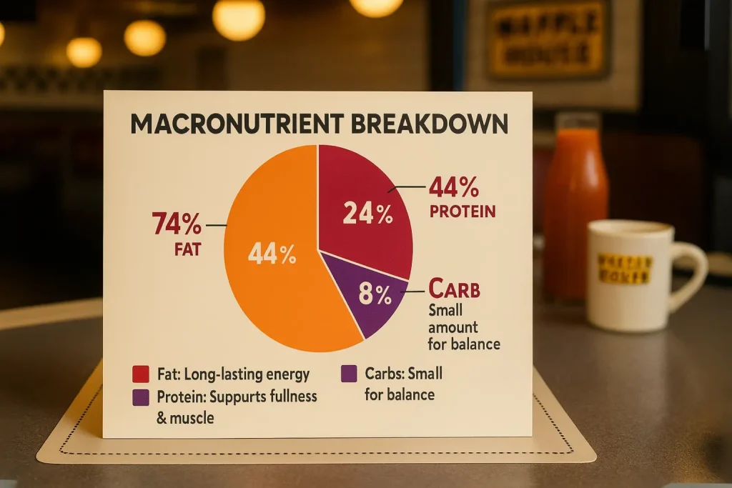 A macronutrient breakdown chart showing fat, protein, and carb percentages in a circular diagram with red, orange, and purple sections inside a Waffle House restaurant.