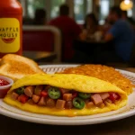 A Waffle House Fiesta Omelet filled with ham, jalapeños, onions, and tomatoes served on a Waffle House plate with toast, hash browns, ketchup, and a bottle of Waffle House hot sauce, with customers blurred in the background.
