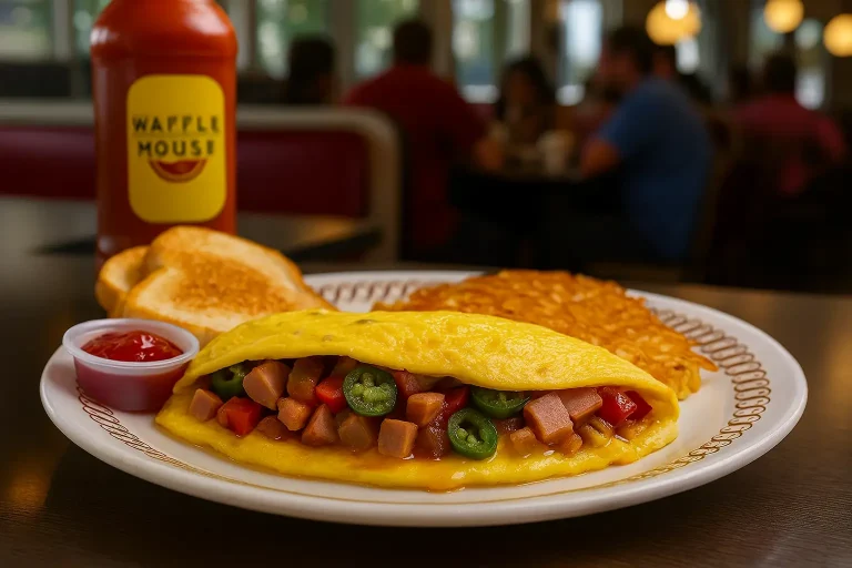 A Waffle House Fiesta Omelet filled with ham, jalapeños, onions, and tomatoes served on a Waffle House plate with toast, hash browns, ketchup, and a bottle of Waffle House hot sauce, with customers blurred in the background.