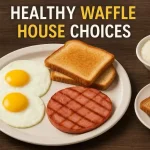 Healthy Waffle House choices featuring eggs, grilled ham, dry toast, and plain grits on a balanced breakfast plate