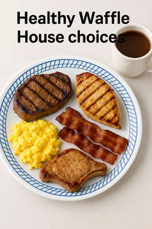 Healthy Waffle House Choices: Simple Tips for a Smarter Meal 2 Healthy Waffle House choices featuring grilled steak, chicken breast, scrambled eggs, bacon, and pork chop on a protein-focused breakfast plate