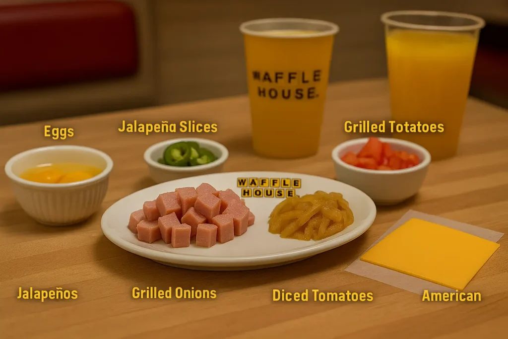 Waffle House Fiesta Omelet ingredients displayed on a diner counter, including eggs, jalapeño slices, ham cubes, grilled onions, diced tomatoes, cheese slices, and Waffle House drinks.