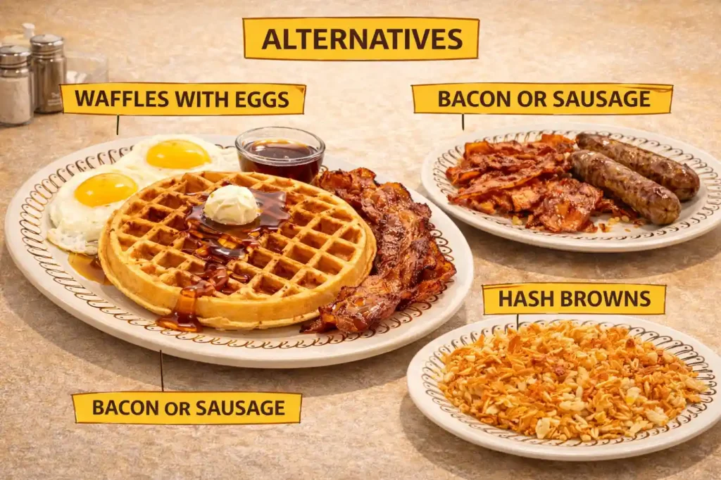 Waffle House Pancakes Menu. What’s Real, What’s Not, and What To Order Instead 2 Breakfast alternatives to pancakes at Waffle House, showing waffles with eggs, bacon or sausage, and crispy hash browns labeled as alternatives.