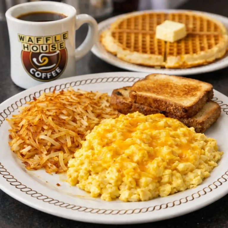 Waffle House cheese eggs with hashbrowns, toast, waffle, and coffee served on a classic diner plate