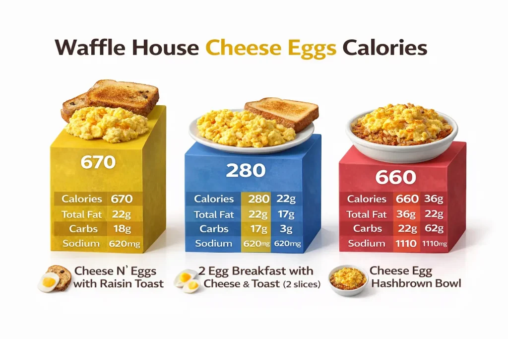 Waffle House cheese eggs nutrition chart showing calories for cheese eggs with toast, cheese egg breakfast, and cheese egg hashbrown bowl.